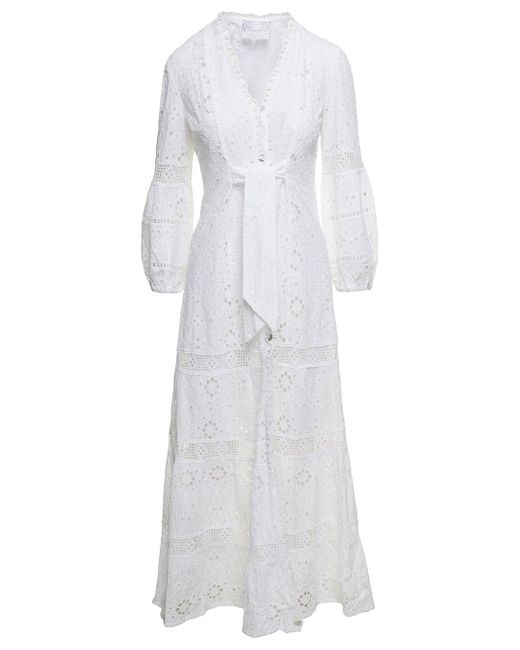 Temptation Positano White Embroidered V-neck Maxi Dress In Cotton