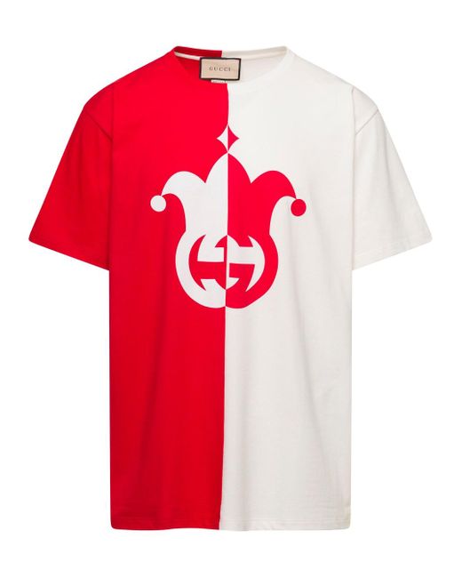 Gucci Red And White Two-tone T-shirt With Jester Hat Print In Cotton Man for men