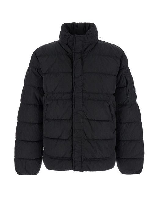 C P Company Black Down Jacket With Fixed Hood And Logo Plaque On The for men