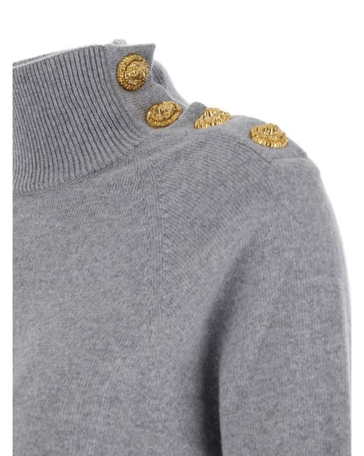 Balmain Gray Dress With High Neck And Metallic Logo Buttons