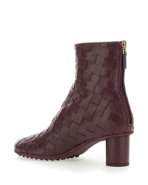 Bottega Veneta Purple 'Atomic' Bordeaux Ankle Boots With Braided Design And Kitten Heel