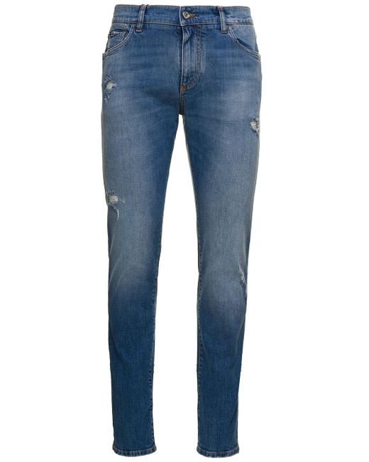 Dolce & Gabbana Blue E Distressed Slim-fit Jeans In Cotton Denim Man Dolce & Gabbana for men