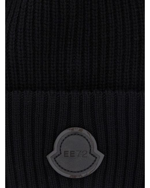 Moncler Genius Black Ribbed Beanie With Logo Patch On The Front