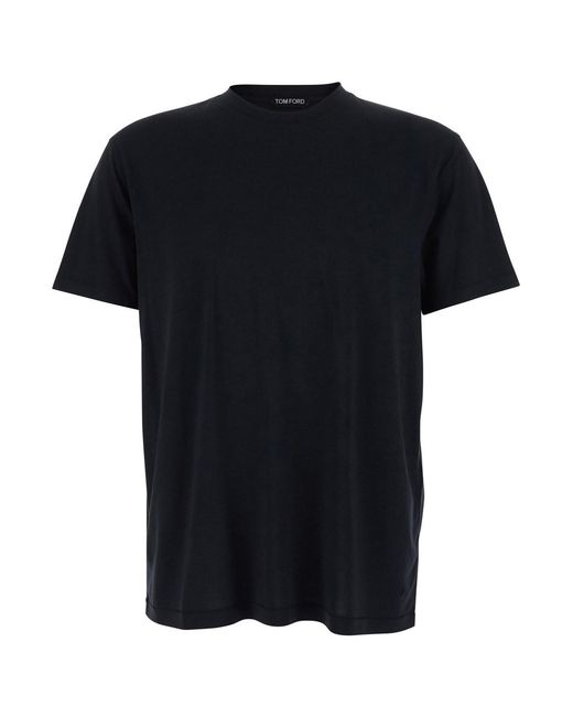 Tom Ford Black Crewneck T-Shirt With Logo Embroidery On The Front for men