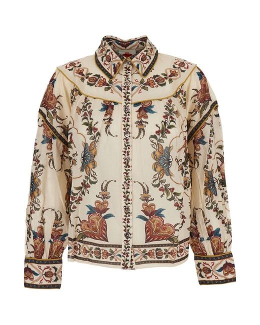Farm Rio Brown Blouse With Classic Collar And All-Over Floral Pattern