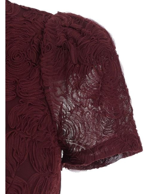 ROTATE BIRGER CHRISTENSEN Purple Bordeaux Long Dress With Floral Embroidery And Flared Skirt
