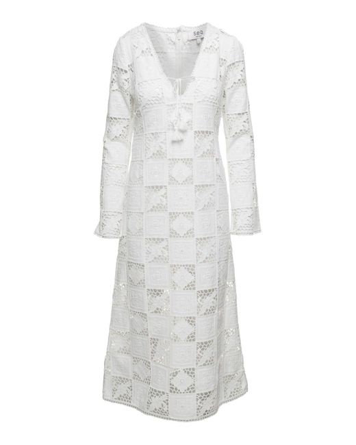 Melia Embroidery L/Slv V-Neck Dress (D2) di Sea in White