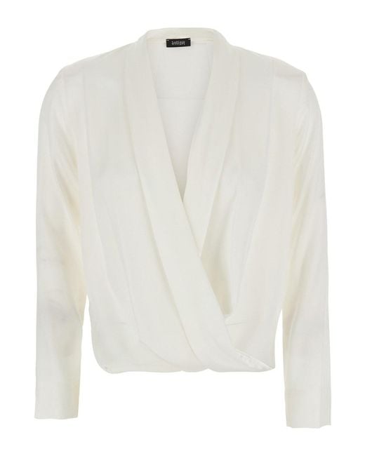 Le Plain White Georgette Blouse With Long Sleeves And Collar
