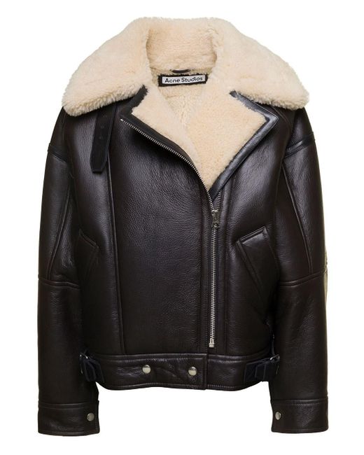 Acne Black Jacket With Shearling Collar And Zip In Leather