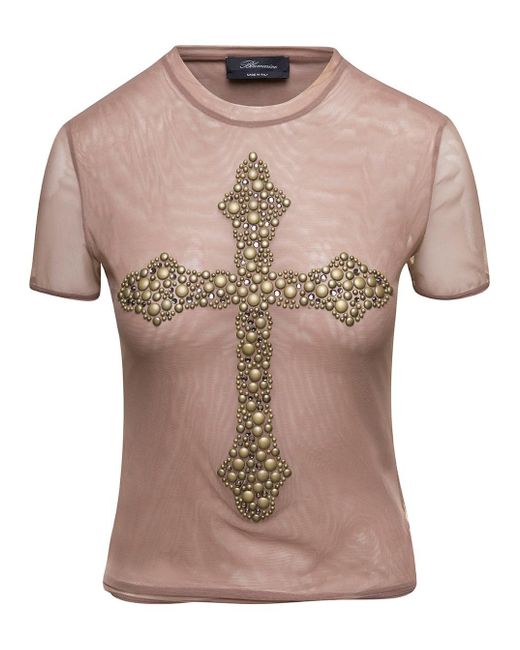 Blumarine Pink Beige Crewneck T-shirt Withlogo And Ctystal And Stud-embellished Cross In Nylon Woman
