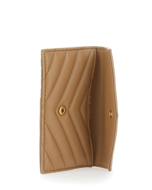 Saint Laurent Brown Quilted Wallet With Cassandre Plaque On The Front