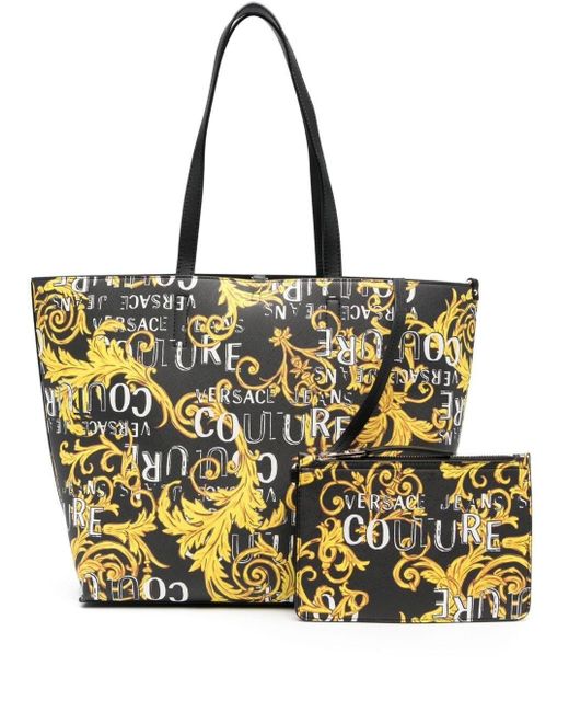 Versace Jeans Yellow Couture Tote Bag With All-over Barocco Print In Polyester Woman