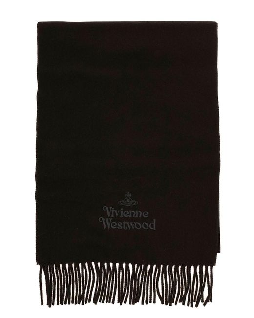 Vivienne Westwood Black Scarf With Fringed And Tonal Logo Embroidery In Wool for men