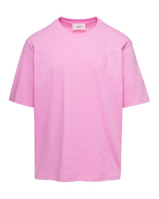 AMI Pink Crewneck T-shirt With Embroidered Tone On Tone Ami De Coeur Logo In Cotton Man for men