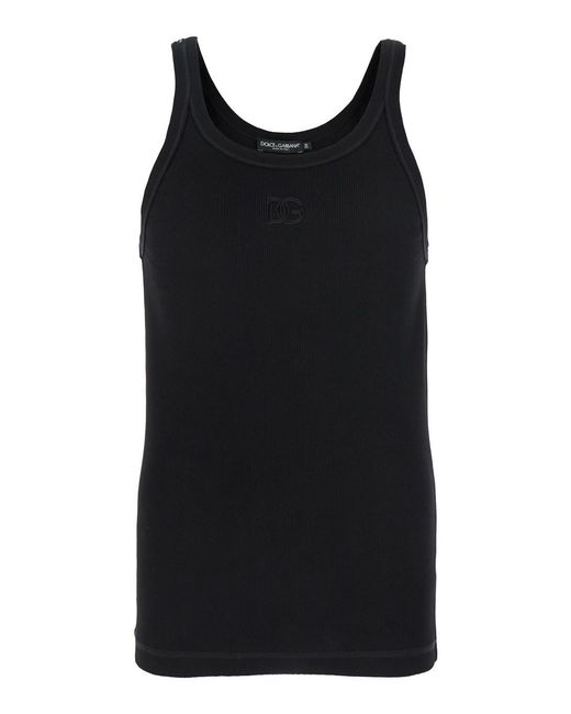 Dolce & Gabbana Black Sleeveless Top With Logo Embroidery On The Front And Ribbed Knit for men