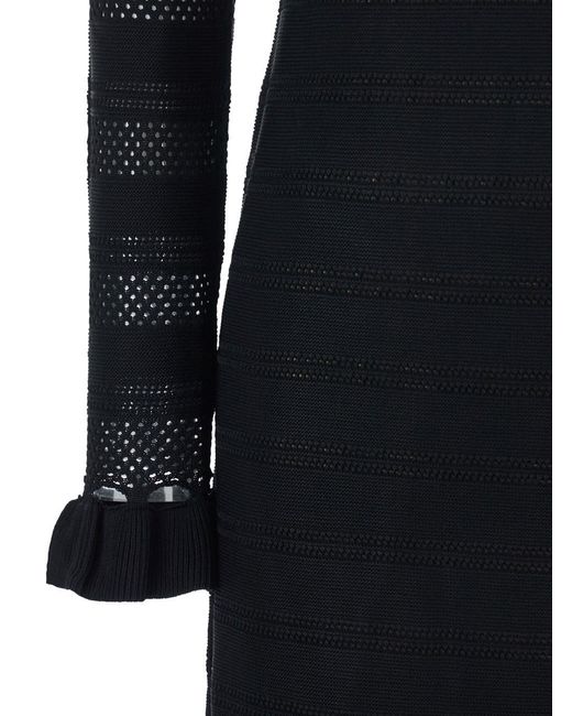 Twinset Black Long Dress With Ruffles And Perforated Design