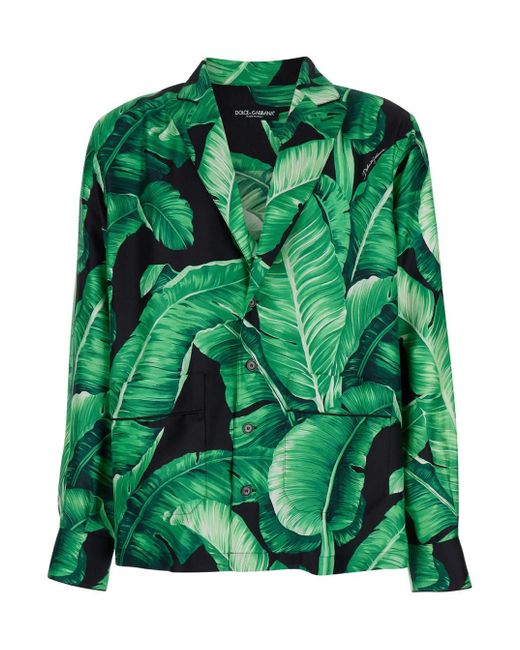 Camicia Con Stampa A Foglie All-Over Nera & Verde di Dolce & Gabbana in Green da Uomo