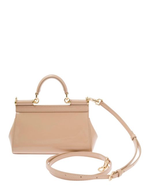 Dolce & Gabbana Natural 'sicily' Beige Handbag With Logo Plaque In Patent Leather Woman