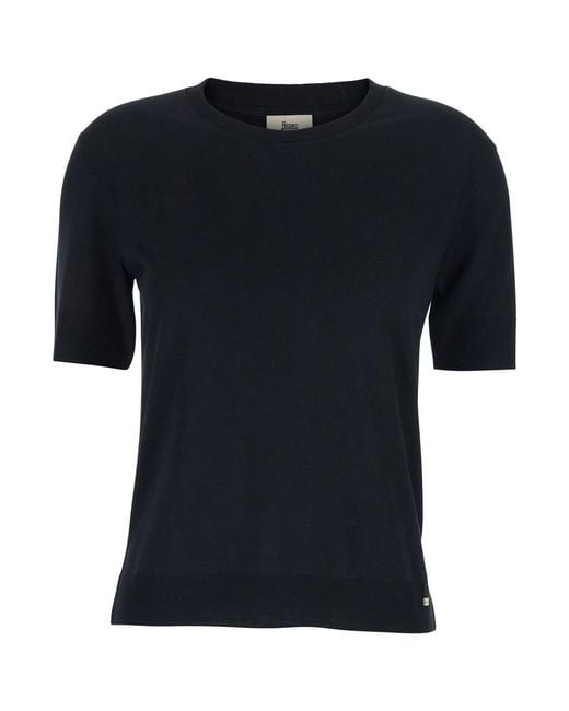 Herno Black Crewneck T-Shirt With Logo Plaque On The Front