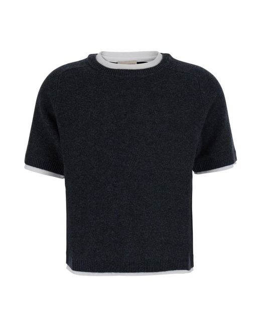 Semicouture Black Aida Popeline And Cashmere Blet Knit Sweater With Round Ne