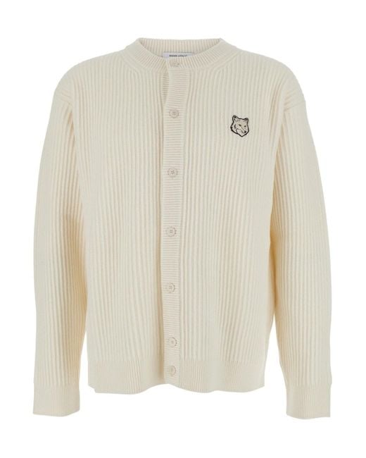 Maison Kitsuné White Ribbed Knit Cardigan With Logo for men