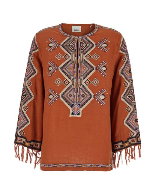 Blusa 'Zelda' Con Polsini Sfrangiati E Ricamo Con Perlin di Isabel Marant in Brown