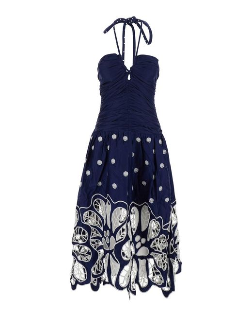 Farm Rio Blue Long Sleeveless Dress With Halterneck With Pearls And Ri