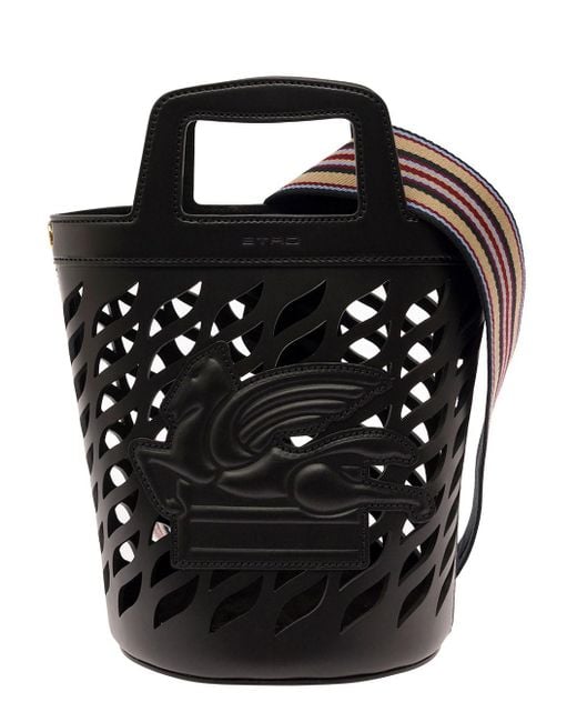 black multicolor bucket bag