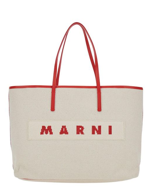 Marni White 'Small Janus' Tote Bag With Logo Patch