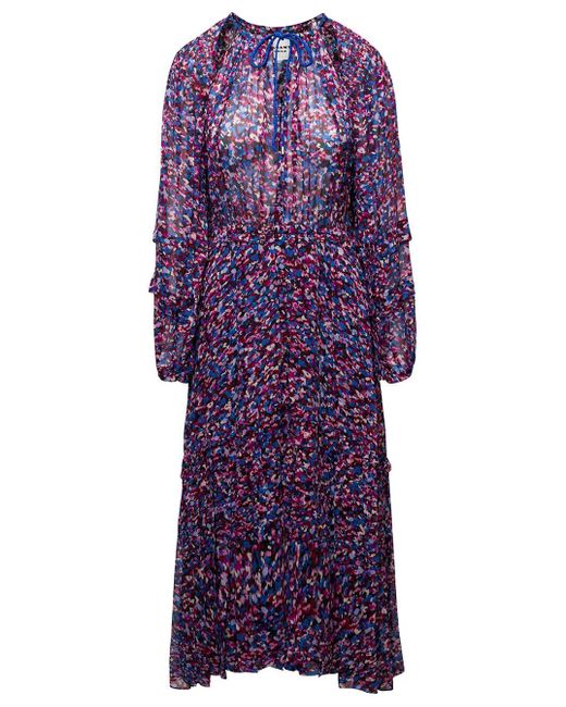 Isabel Marant Purple Ed Maxi Tie-neck Dress With Graphic Print All-over In Viscose