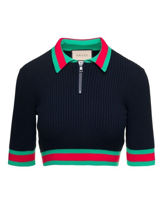 Gucci Blue E Cropped Ribbed Polo Shirt With Web Detail In Viscose Woman