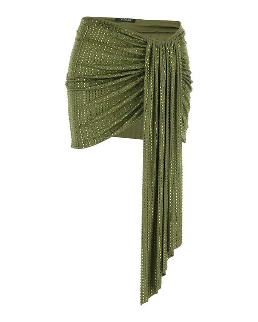 VENUJA Green Mini Skirt With Draping On The Front And All-Over Strass