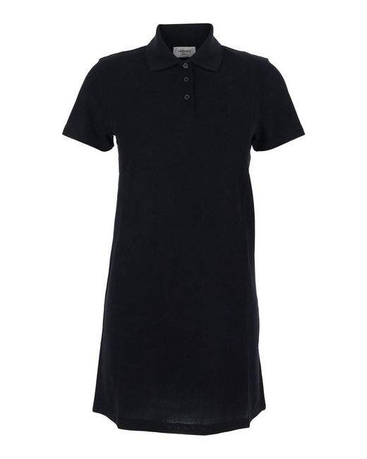 Saint Laurent Black Cotton Embroidered Pique Polo Dress
