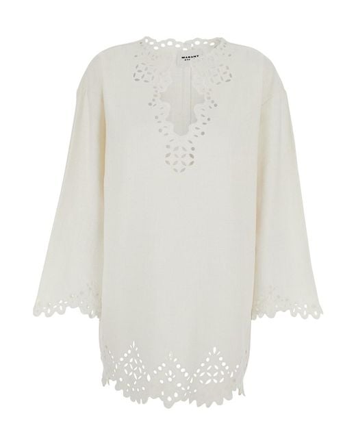 Isabel Marant White 'Sherazade' Crewneck Kaftan With Cut-Out Details And Scallop Hem