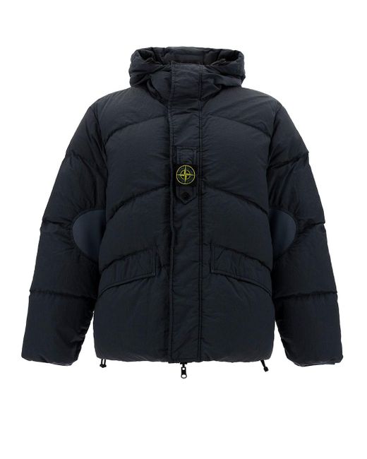 Stone Island Blue Black Hooded Down Jacket With Front Logo Patch In Polyamide Man for men