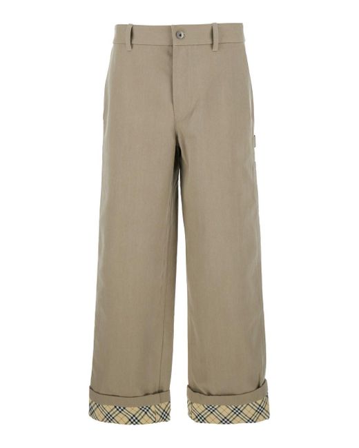 Burberry Natural Pants With Logo Embroidery On The Side And Turn-Up Checked Hem for men
