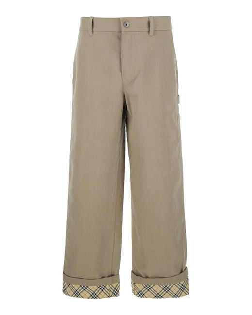 Burberry Natural Pants With Logo Embroidery On The Side And Turn-Up Chec for men