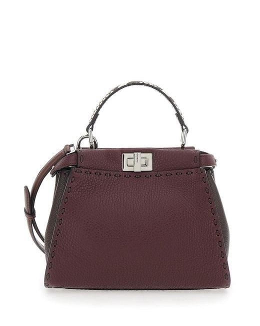 Fendi Purple 'Peekaboo' Bordeaux Handbag With Snakeskin Handle And Turn-Lock Closure On Both Sides