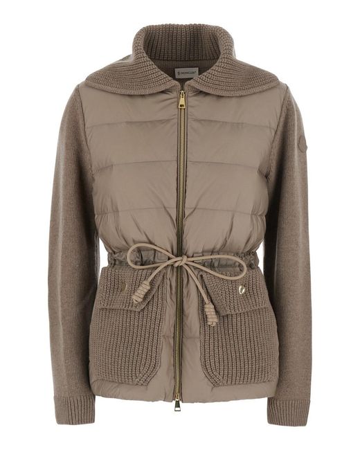 Moncler Brown Cardigan With Patch Logo On The Sleeve And Belt On The Front