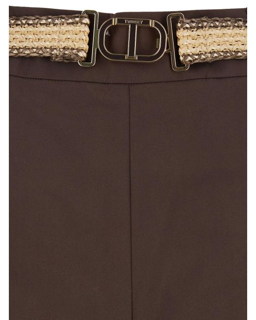 Twinset Brown Pants With Waist Belt And Metallic Logo Plaque