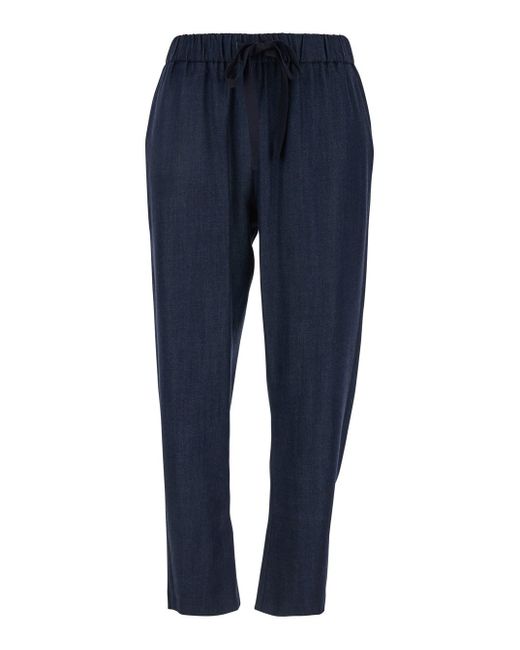 Plain Blue Pants With Elastic Drawstring Waist