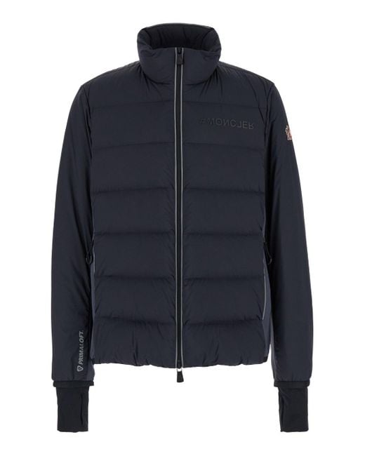 Moncler Blue Dark High Neck Down Jacket With Logo Patch for men