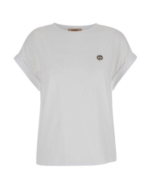 Twin Set White T-Shirt With Logo Placque