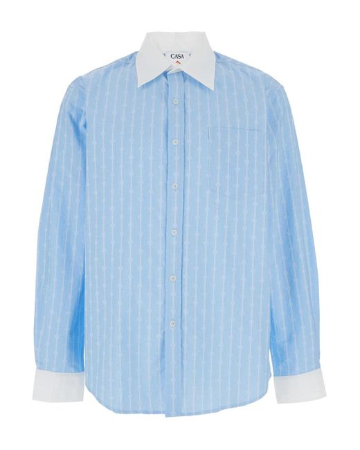 Casablanca Blue 'Laurel' Light Shirt With Pointed Collar And All-Over Logo Print for men