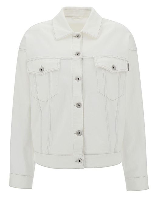 Brunello Cucinelli Gray White Jacket With Buttons And Monile Detail In Stretch Cotton Denim Woman
