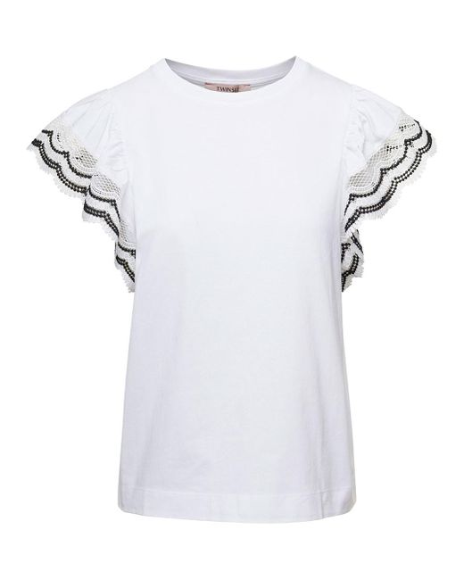Twinset White T-shirt With Cap Sleeves With Macramè Lace Trim In Cotton Woman