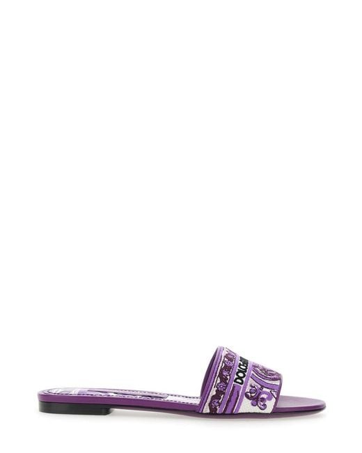 Dolce & Gabbana Purple Sandals With Logo Embroidery On The Front And All-Over Majolica Motif