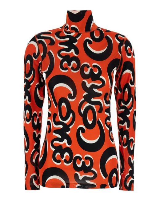 Phoebe Philo Red Turtleneck T-Shirt With All-Over Print