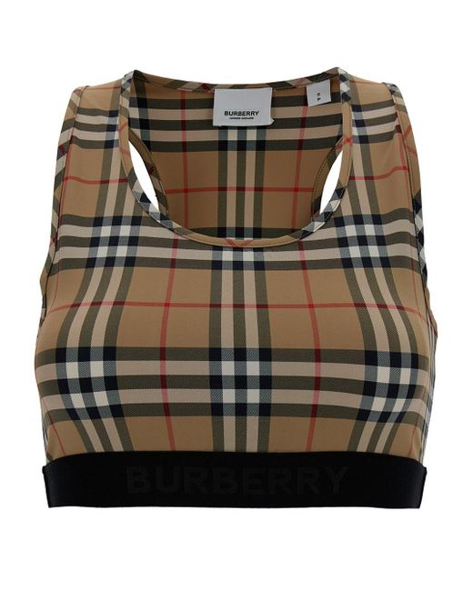 Burberry Black Beige Sports Bra With Vintage Check Motif In Jersey Woman