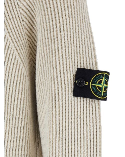 Stone Island White Sweater With Logo Patch On The Sleeve And Front Half Zip Closure for men